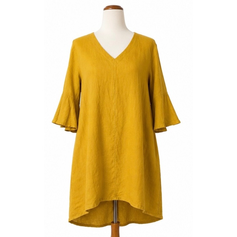 Bryn Walker 100% Linen V-Neck Bell Sleeve High-Low Tunic Dress Mustard Yellow S